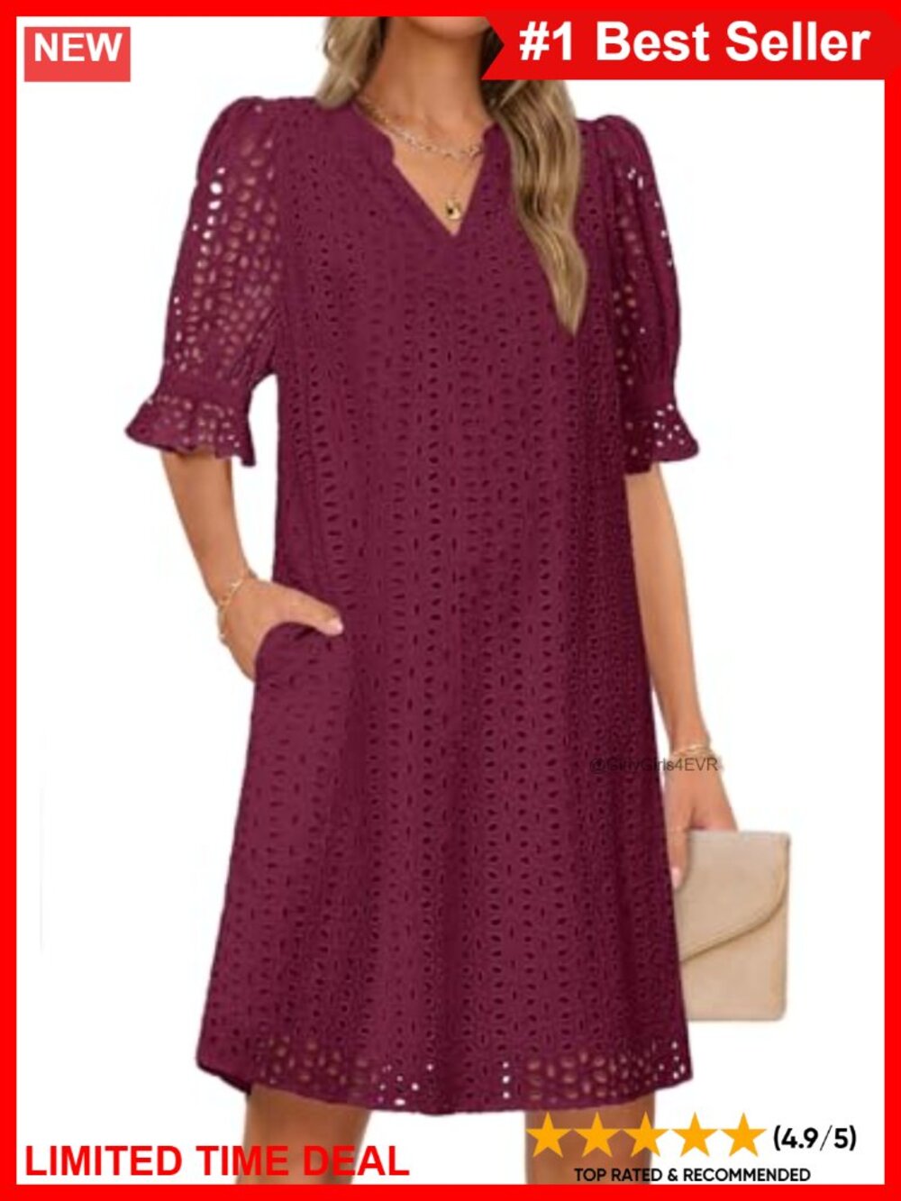 Eyelet Lace V-Neck Ruffle Short Sleeve Mini Dress Shift Lined Pockets
